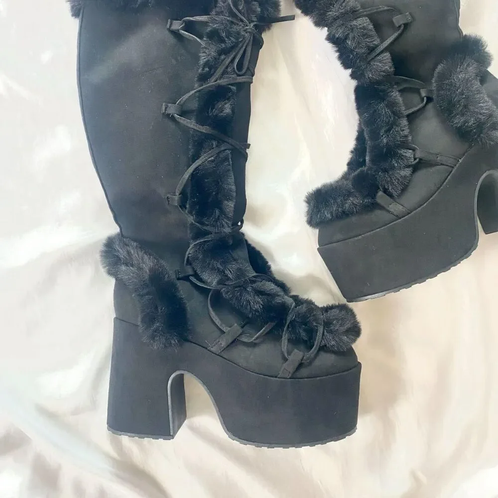 Stacked Platform Black Faux Suede Faux Fur Chunky Lace Up Destroyer Boots US 9